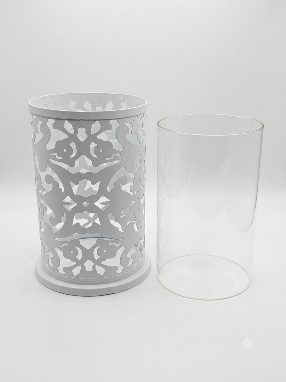 White Metal Scrollwork Cutout Hurricane Candle Holder Glass Insert